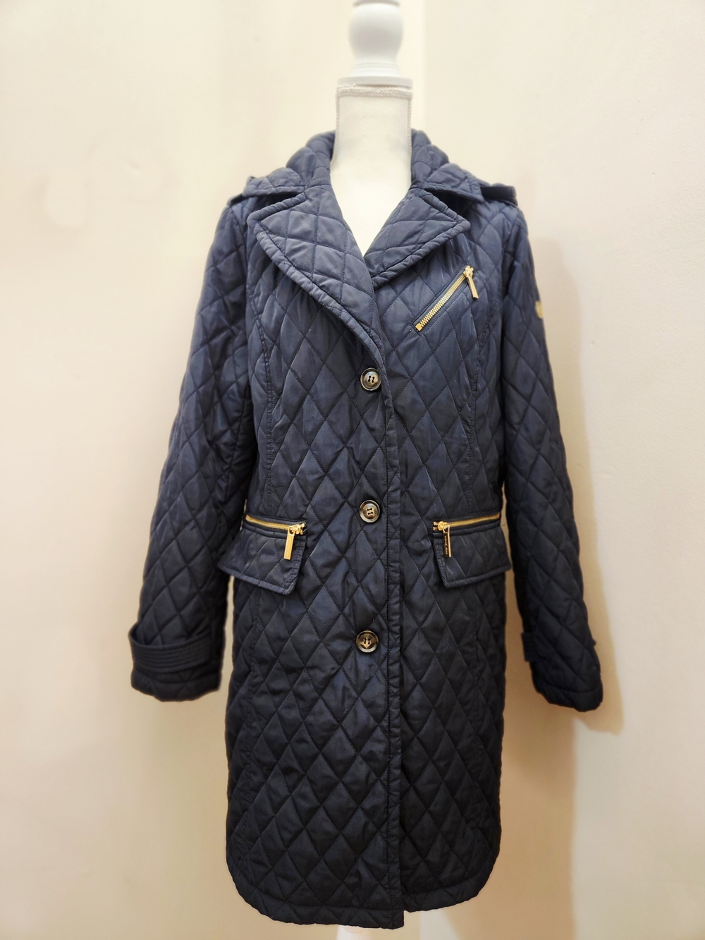 Michael Kors Navy Quilted Long Puffer Coat with Gold Hardware